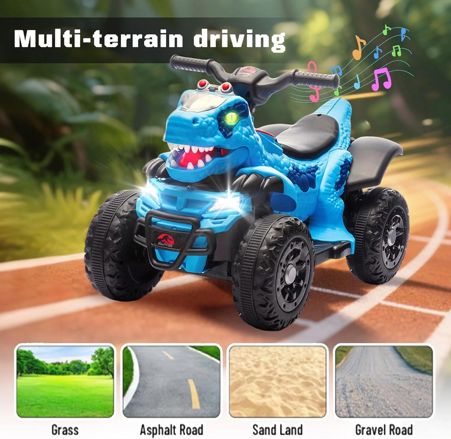 ATV electric, model dinozaur, muzica, bluetooth, varsta 1-6 ani -Albastru