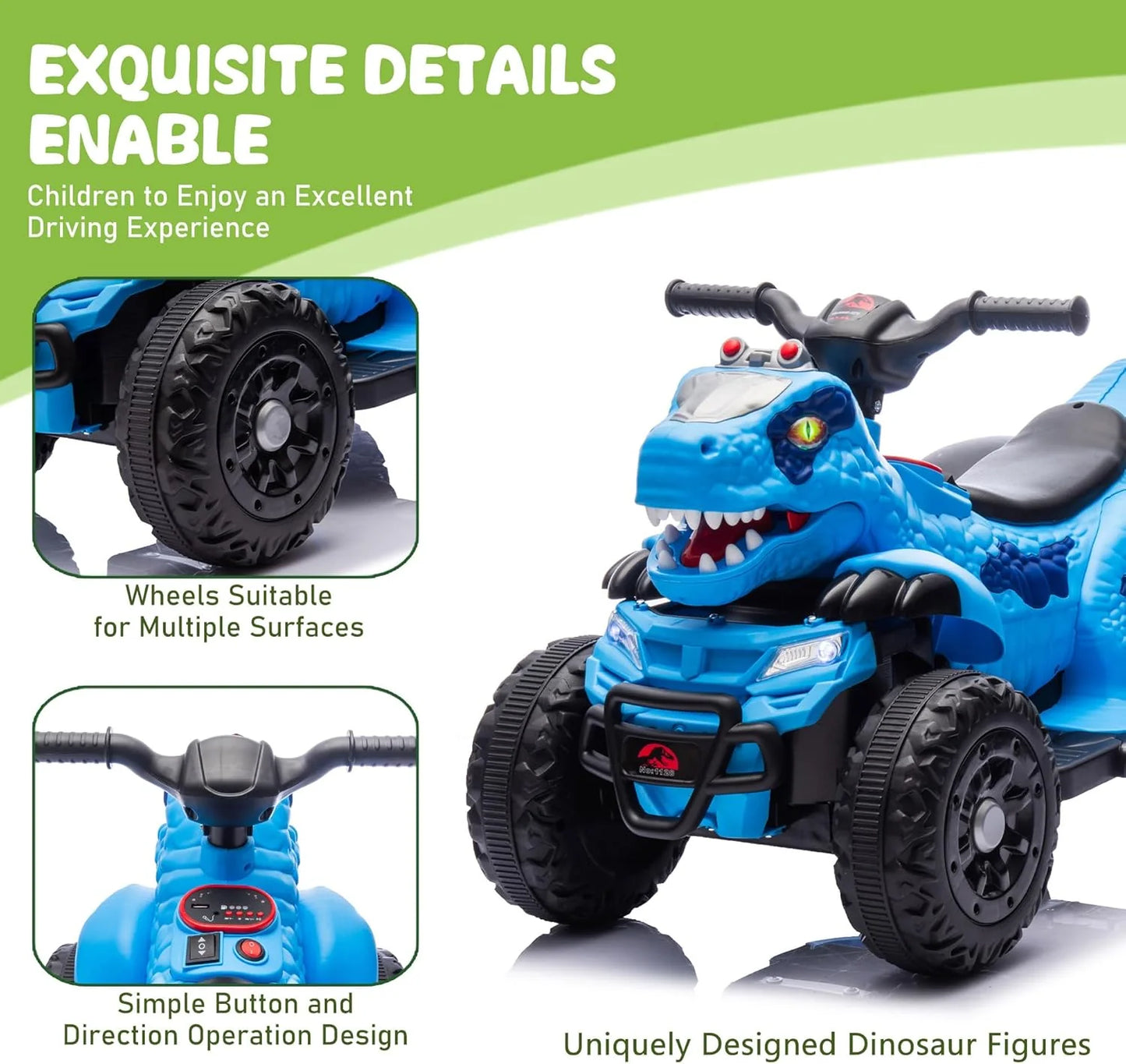 ATV electric, model dinozaur, muzica, bluetooth, varsta 1-6 ani -Albastru