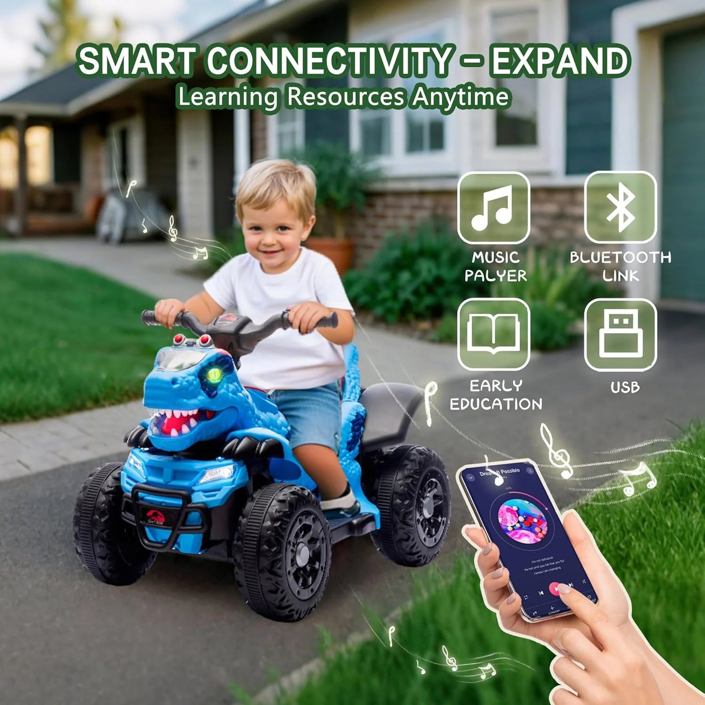 ATV electric, model dinozaur, muzica, bluetooth, varsta 1-6 ani -Albastru
