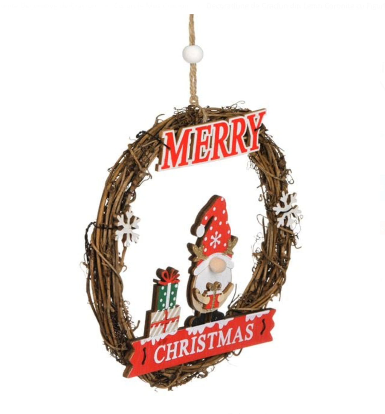 Decoratiune de Craciun din Lemn Coronita cu Figurina de Gnome Nas Pompon Ø16cm