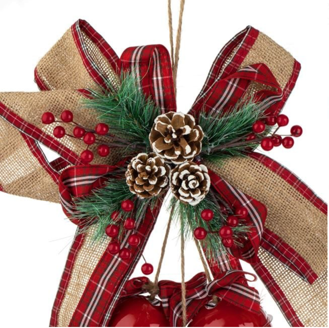 Funda Decorativa de Craciun bej cu Clopote Rosii Conuri Pomusoare 49cm