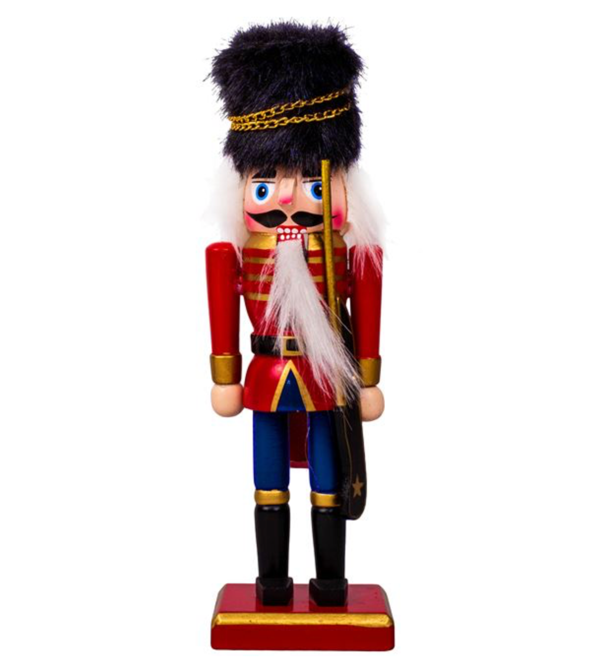 Soldat din Lemn Decorativ de Craciun Uniforma Rosie Albastra Caciula Neagra de Blana 20cm