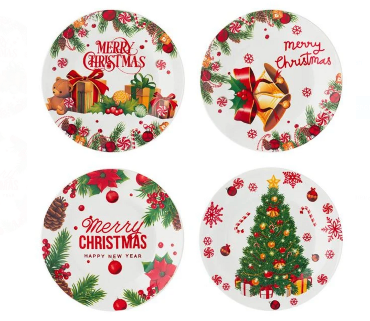 Set Farfurii de Craciun din Portelan cu Modele "Merry Christmas" pentru Fructe Ø19cm - 4buc