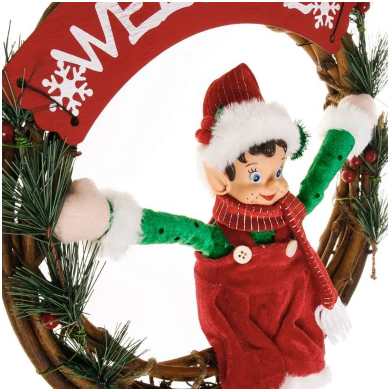 Coronita din Lemn Decorativa de Craciun cu Spiridus "Welcome" Ø33cm