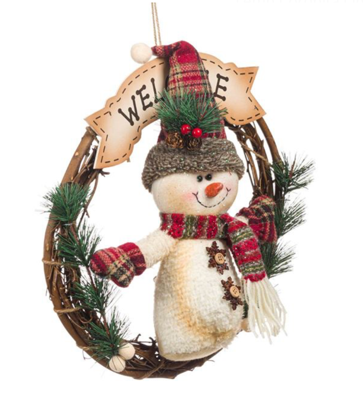 Decoratiune Suspendabila de Craciun din Lemn Coronita Om de Zapada Welcome 35cm