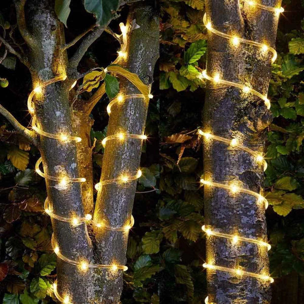 Instalație de Crăciun Solara, tip furtun luminos, 12 m, 100 LED-uri, 8 jocuri de lumini, Lumina Alb Cald