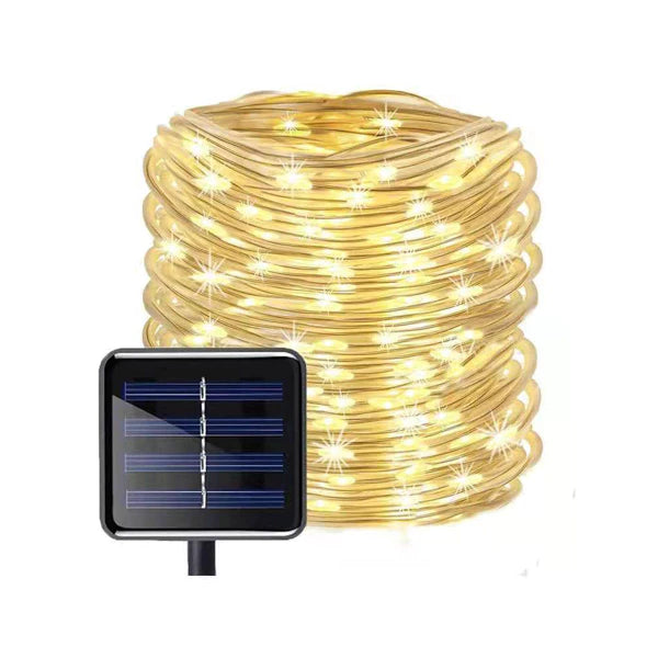 Instalație de Crăciun Solara, tip furtun luminos, 12 m, 100 LED-uri, 8 jocuri de lumini, Lumina Alb Cald
