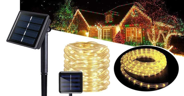 Instalație de Crăciun Solara, tip furtun luminos, 12 m, 100 LED-uri, 8 jocuri de lumini, Lumina Alb Cald