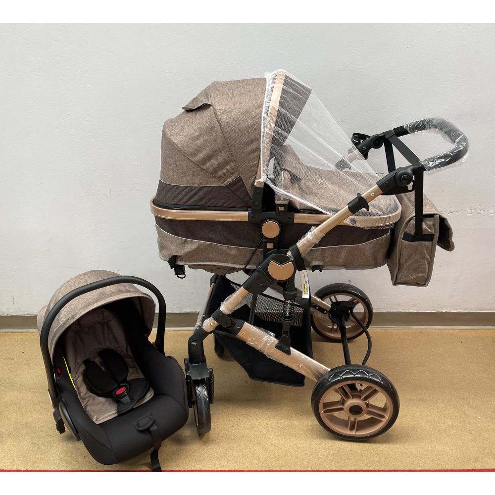 Carucioru 3in1 cu landou transformabil in parte spor, 0-36 luni, Crem, Geanta si Scoica Incluse