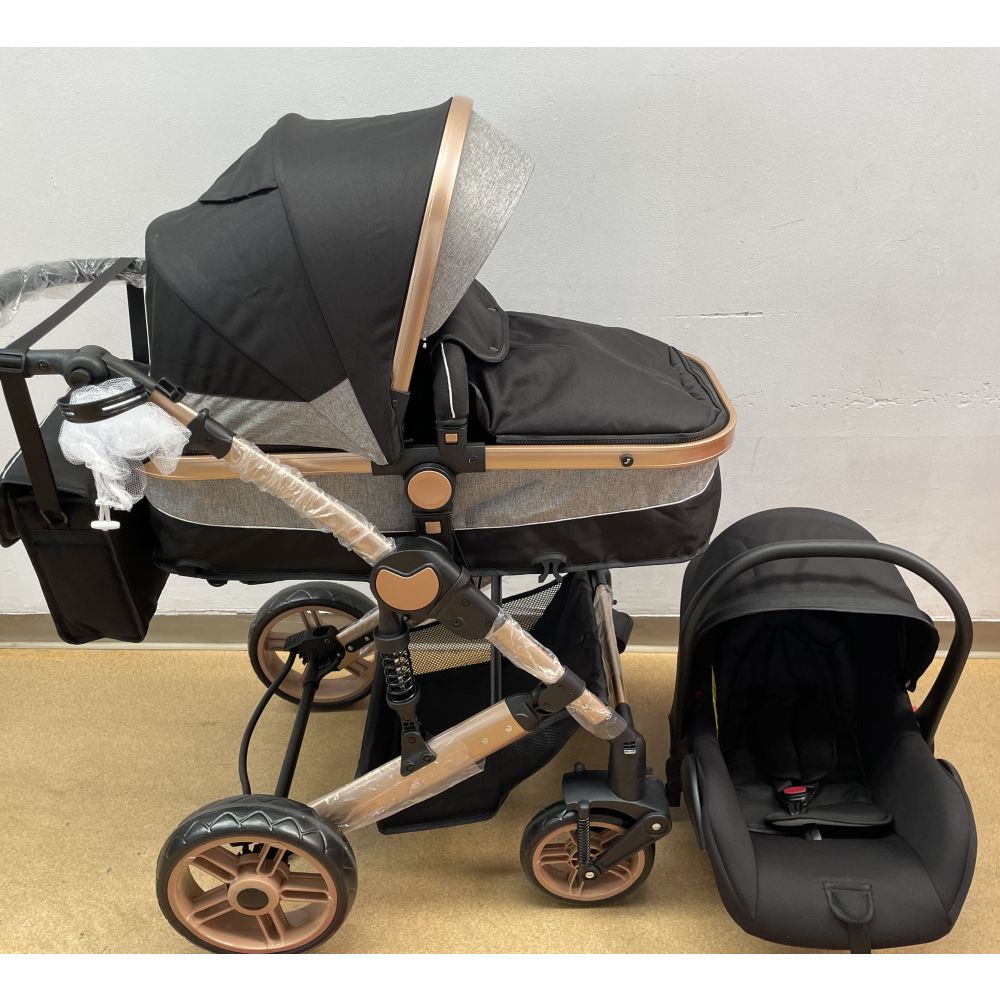 Carucioru 3in1 cu landou transformabil in parte spor, 0-36 luni, Negru, Geanta si Scoica incluse