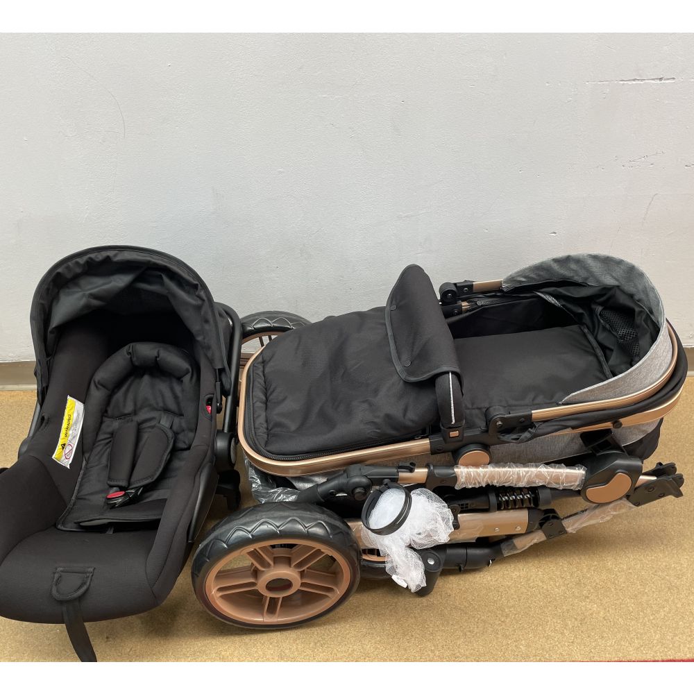 Carucioru 3in1 cu landou transformabil in parte spor, 0-36 luni, Negru, Geanta si Scoica incluse