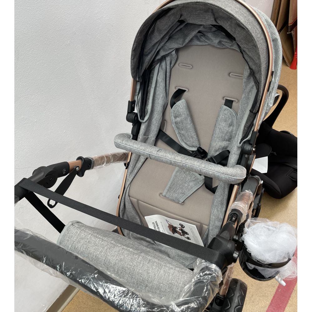 Carucioru 3in1 cu landou transformabil in parte spor, 0-36 luni, Gri, Geanta si Scoica Incluse