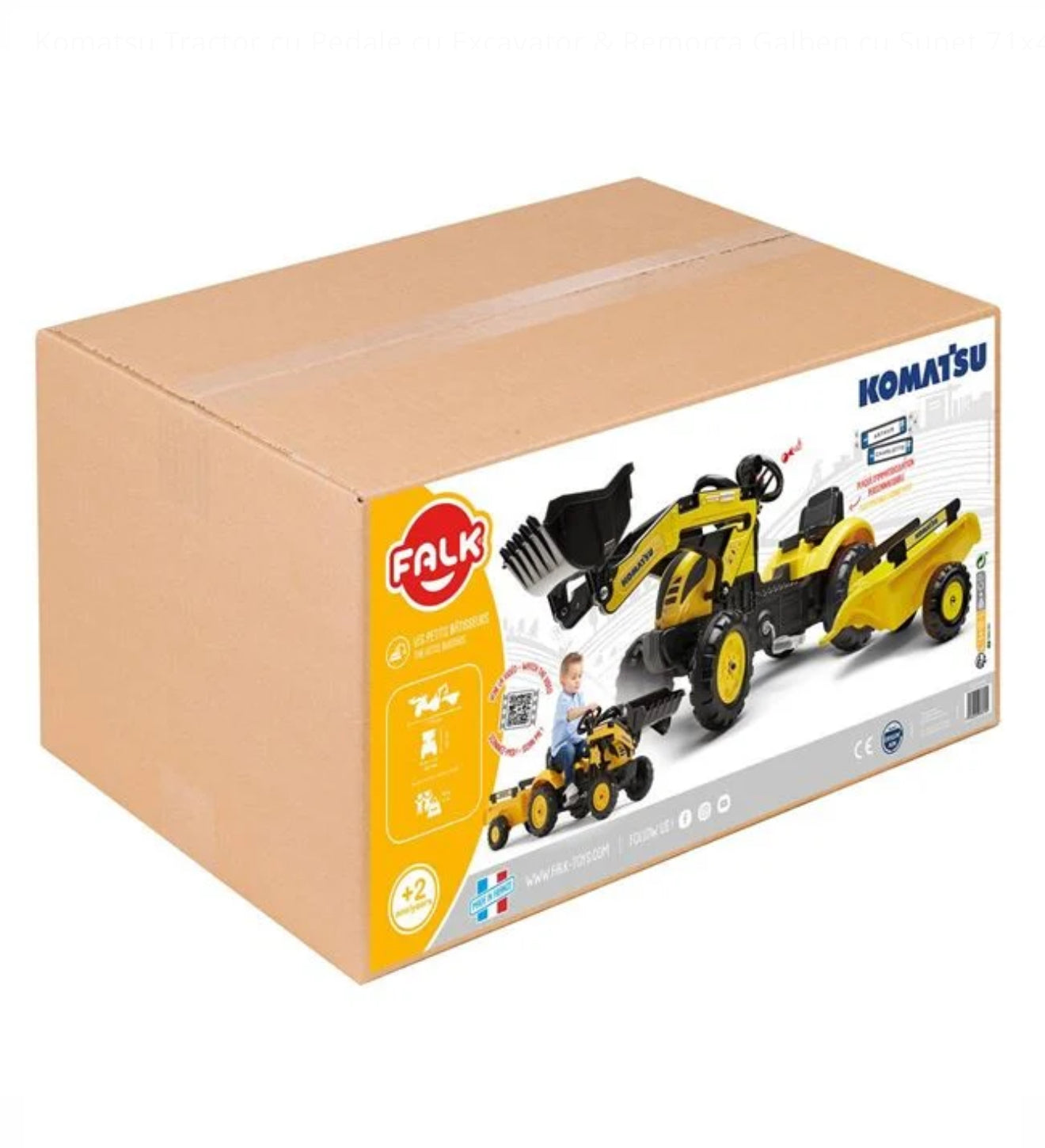 Komatsu Tractor cu Pedale cu Excavator & Remorca Galben cu Sunet 71x42x53cm