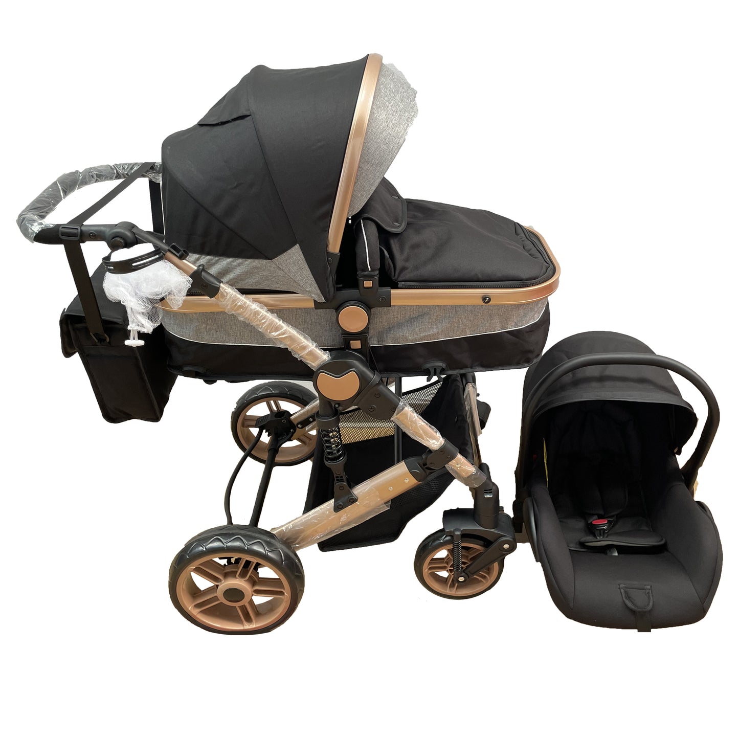 Carucioru 3in1 cu landou transformabil in parte spor, 0-36 luni, Negru, Geanta si Scoica incluse