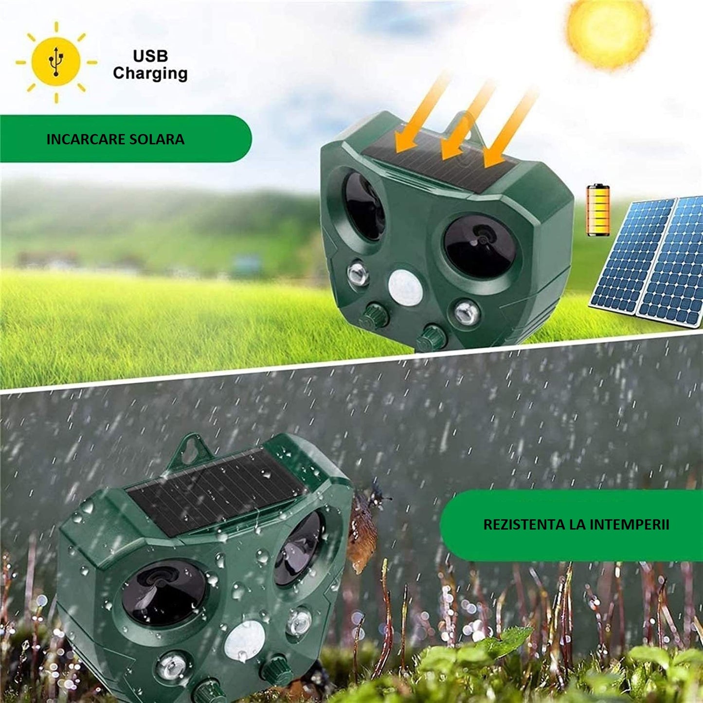 Aparat solar LED cu ultrasunete , repelent pentru animale mari si mici, lumina roșie si alba, anti rozătoare , anti insecte 20 Khz
