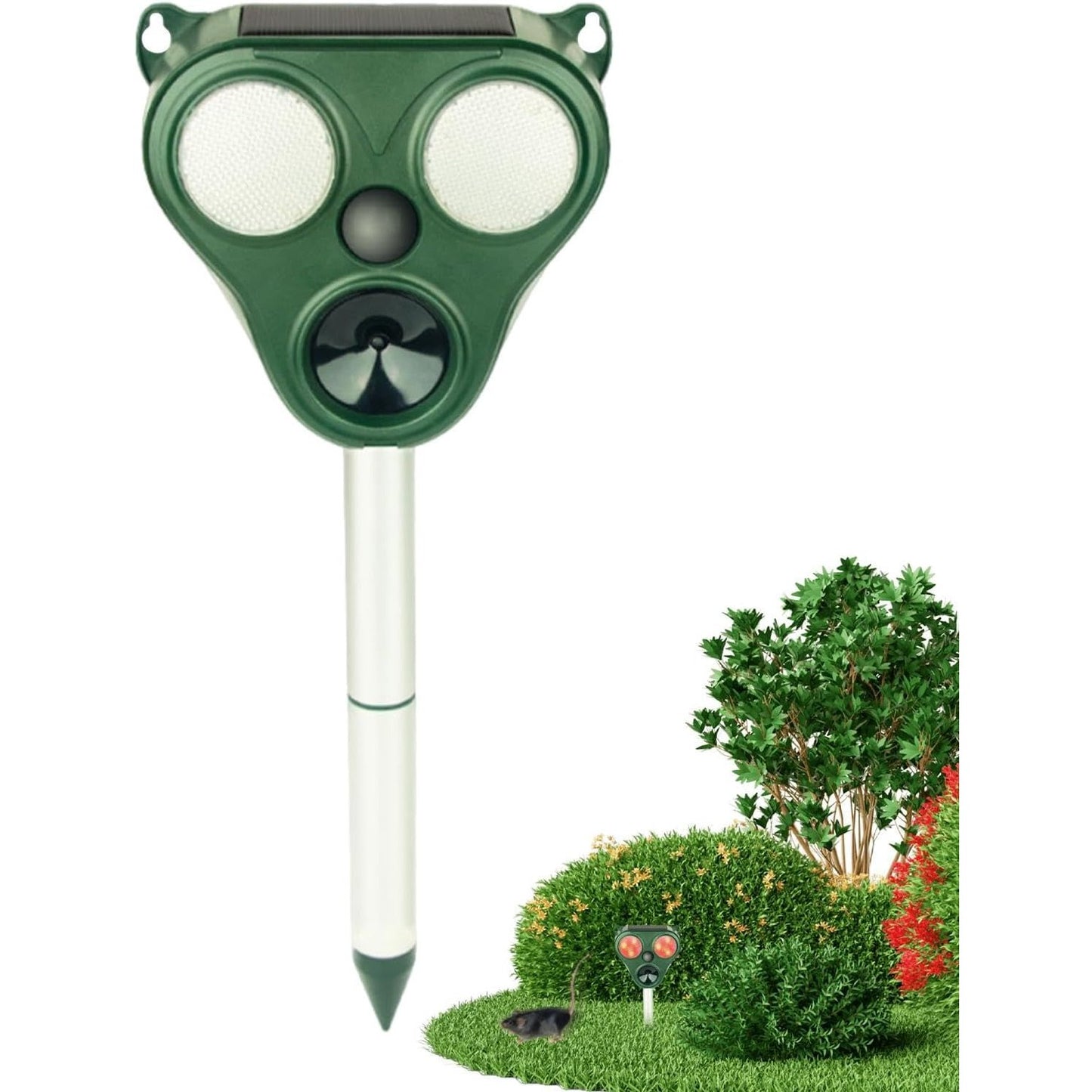 Aparat solar LED cu ultrasunete , repelent pentru animale mări si mici, lumina roșie si alba , anti rozătoare, anti insecte , frecventa 13.5Khz-65 Khz, Senzor PIR