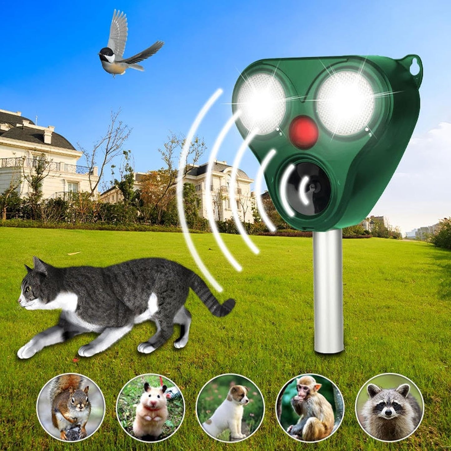 Aparat solar LED cu ultrasunete , repelent pentru animale mări si mici, lumina roșie si alba , anti rozătoare, anti insecte , frecventa 13.5Khz-65 Khz, Senzor PIR
