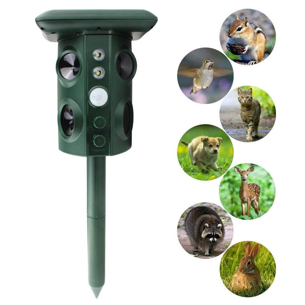 Aparat solar LED cu ultrasunete , repelent pentru animale mări si mici, lumina roșie si alba , anti rozătoare, anti insecte , frecventa 13.5 Khz-45 Khz