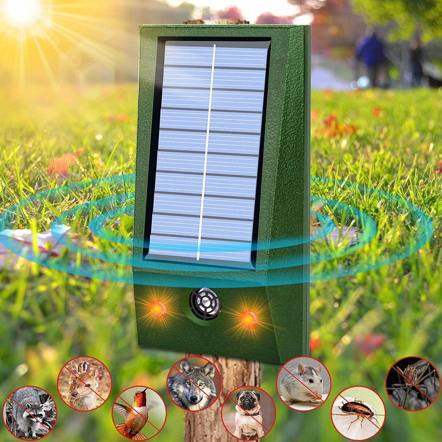Aparat solar LED cu ultrasunete , repelent pentru animale mări si mici, lumina roșie si alba , anti rozătoare, anti insecte , frecventa 9-36.5 Khz