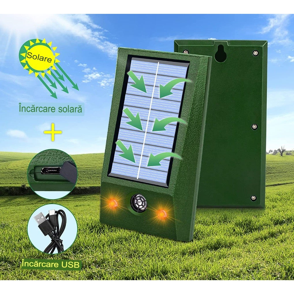 Aparat solar LED cu ultrasunete , repelent pentru animale mări si mici, lumina roșie si alba , anti rozătoare, anti insecte , frecventa 9-36.5 Khz