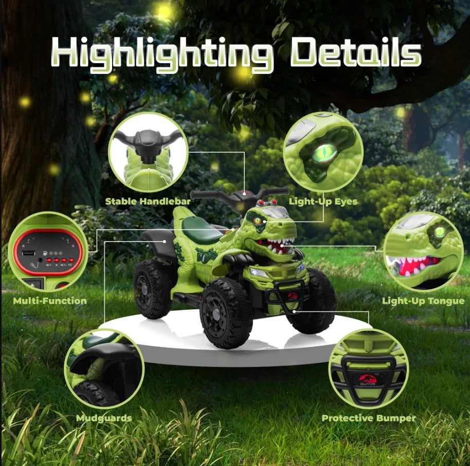 Masina pentru copii, stil ATV, model dinozaur, muzica, bluetooth, varsta 1-6 ani, verde
