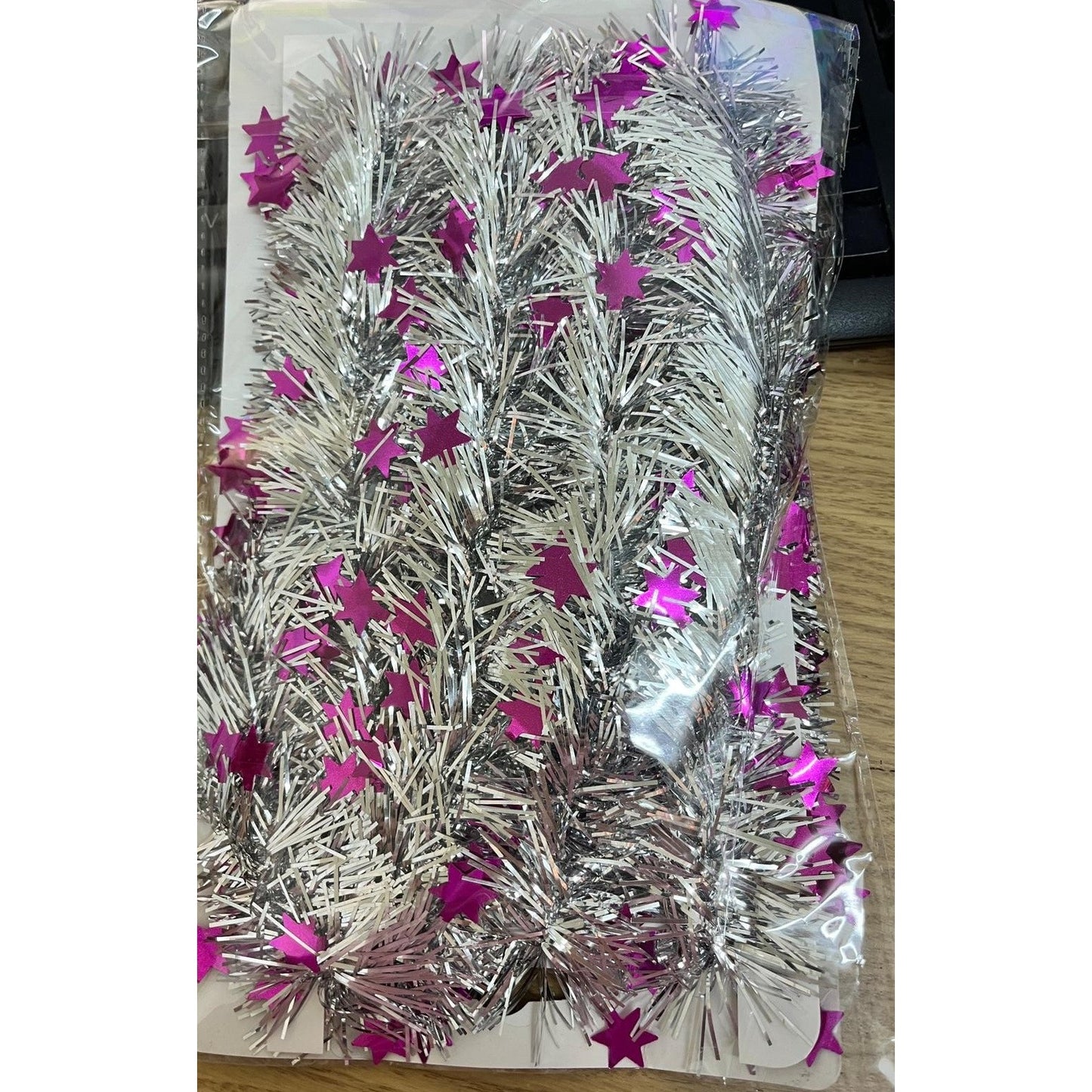 Beteală de Crăciun cu LED, 2 m, 5 cm grosime, PVC, model cu steluțe, artificială, mov/argintiu