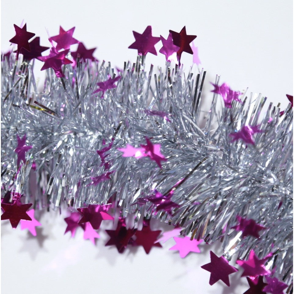 Beteală de Crăciun cu LED, 2 m, 5 cm grosime, PVC, model cu steluțe, artificială, mov/argintiu