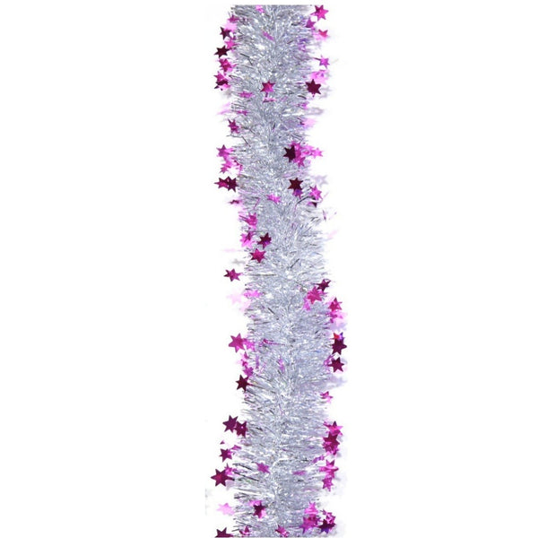 Beteală de Crăciun cu LED, 2 m, 5 cm grosime, PVC, model cu steluțe, artificială, mov/argintiu
