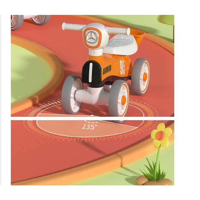 Bicicleta fara pedale pentru copii, cu lumini si muzica, 4 roti, varsta 1-3 ani, material PP, 63 x24 x41 cm, portocaliu