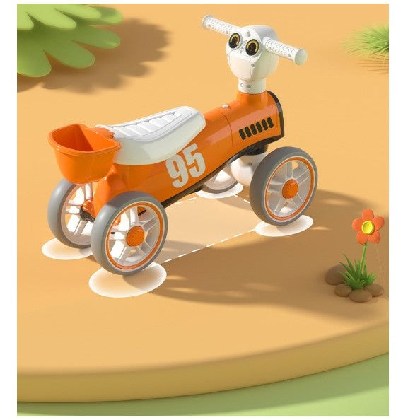 Bicicleta fara pedale pentru copii, cu lumini si muzica, 4 roti, varsta 1-3 ani, material PP, 63 x24 x41 cm, portocaliu