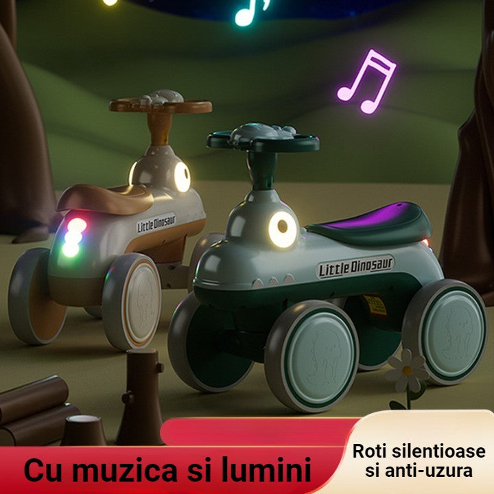 Bicicleta Pentru Copii, Fara Pedale, Cu Patru Roti, Din Plastic Rezistent, Fara BPA, Cu Muzica Si Lumini, Model Dinozaur, 50x27x40 Cm, Verde