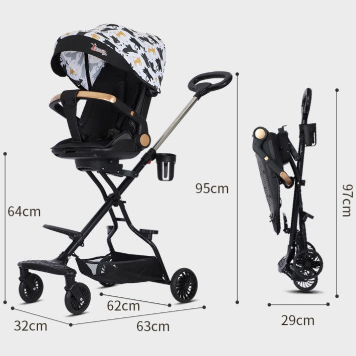 Cărucior sport 3in1, 6-36 luni , reversibil, pliabil, tăviță pentru masa, roti 360 si parasolar-Model Pisicute-Negru