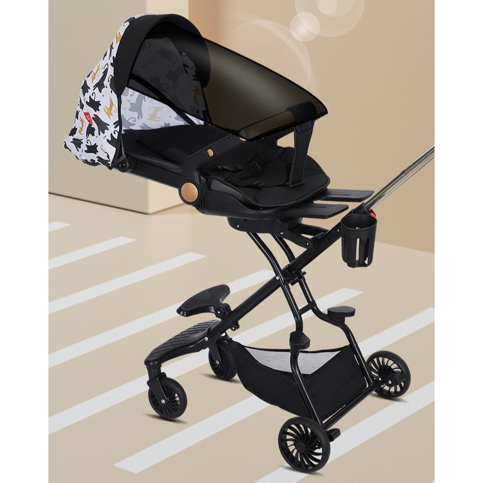 Cărucior sport 3in1, 6-36 luni , reversibil, pliabil, tăviță pentru masa, roti 360 si parasolar-Model Pisicute-Negru