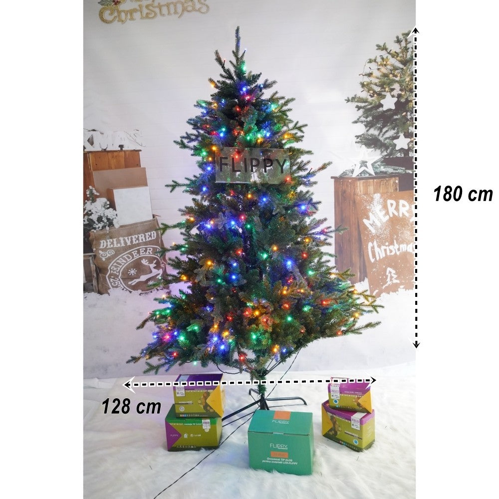 Brad artificial cu instalație încorporată , 180 cm înălțime, 128cm diametru, 1246 ramuri, suport metalic inclus
