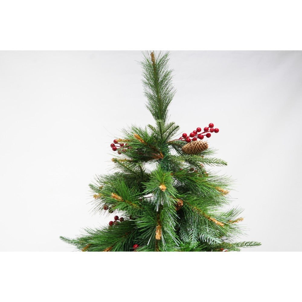 Brad artificial decorat cu conuri de pin 150 cm, 323 ramuri, suport metalic inclus