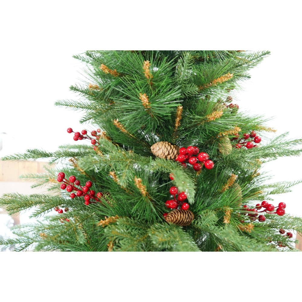 Brad artificial decorat cu conuri de pin si merișoare, înălțime 210 cm, diametru 142 cm, 767 ramuri, suport metalic inclus