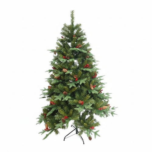 Brad artificial bogat,varfuri 2D, 180 cm ,774 ramuri, decorat cu conuri de pin si merișoare