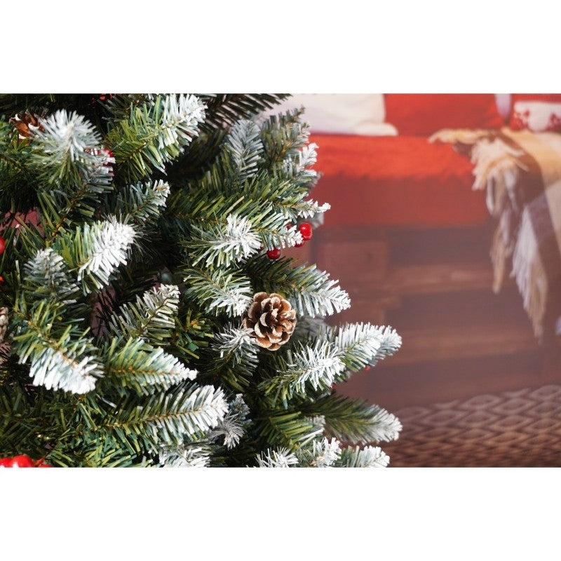 Brad artificial, ace 2D, decorat cu conuri si merișoare ,sectioinat pentru perete/colț, 150cm , diametru 83cm