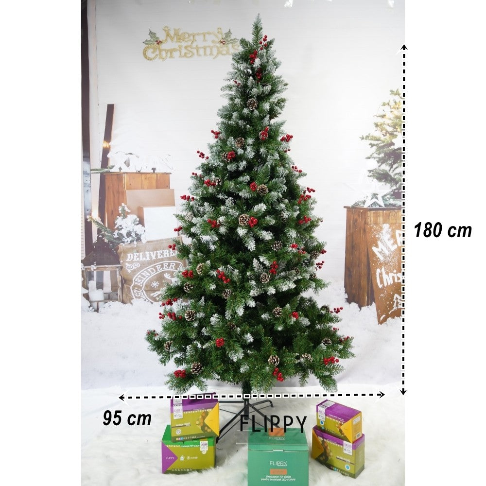 Brad artificial nins, decorat cu conuri de pin , înălțime 180cm, diametru 95cm , 319 ramuri, suport metalic inclus
