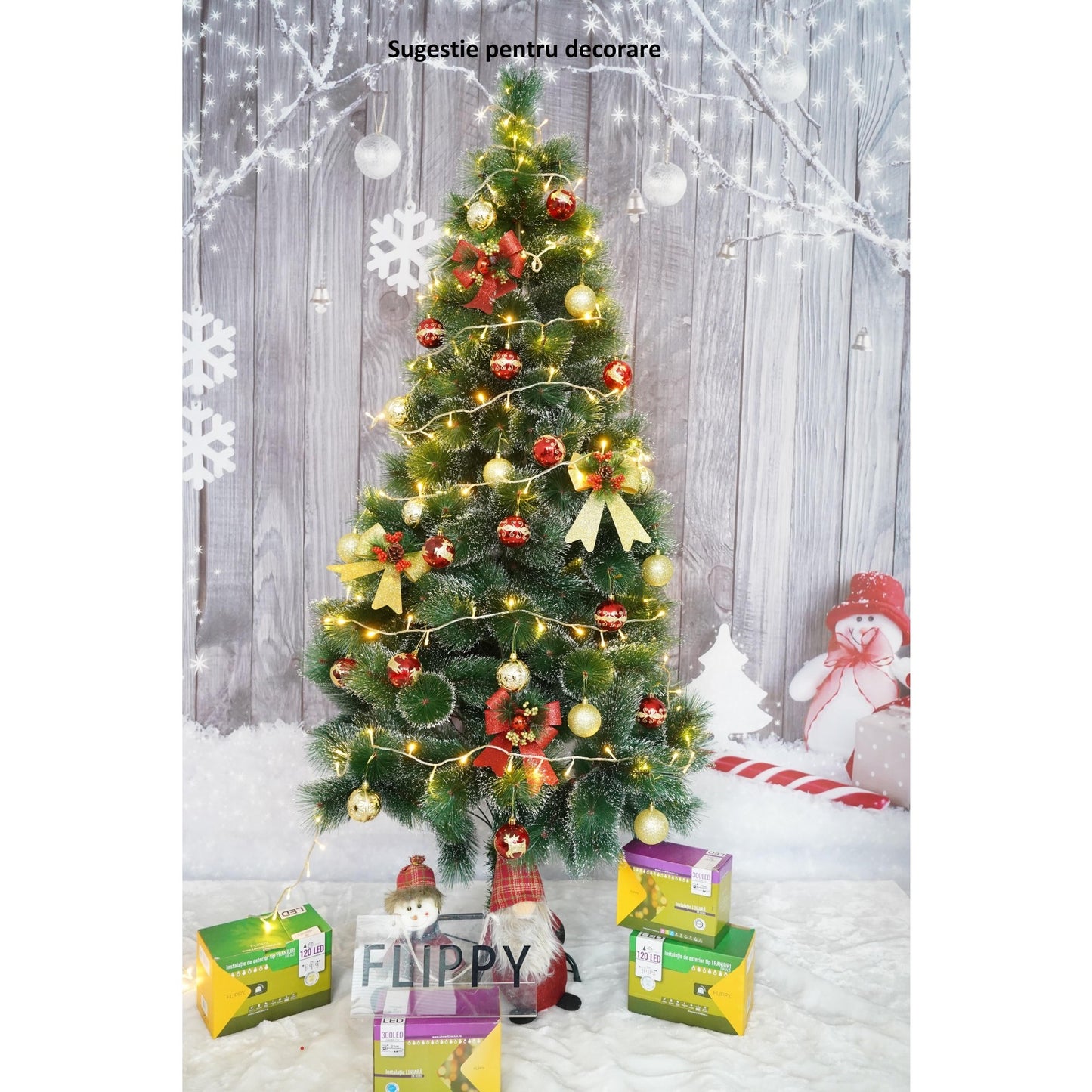 Brad Artificial de Crăciun tip pin înzăpezit , 210 înălțime, diametru 115cm, 350 ramuri, Ace 3D 12 cm , Verde cu vârfuri Ninse