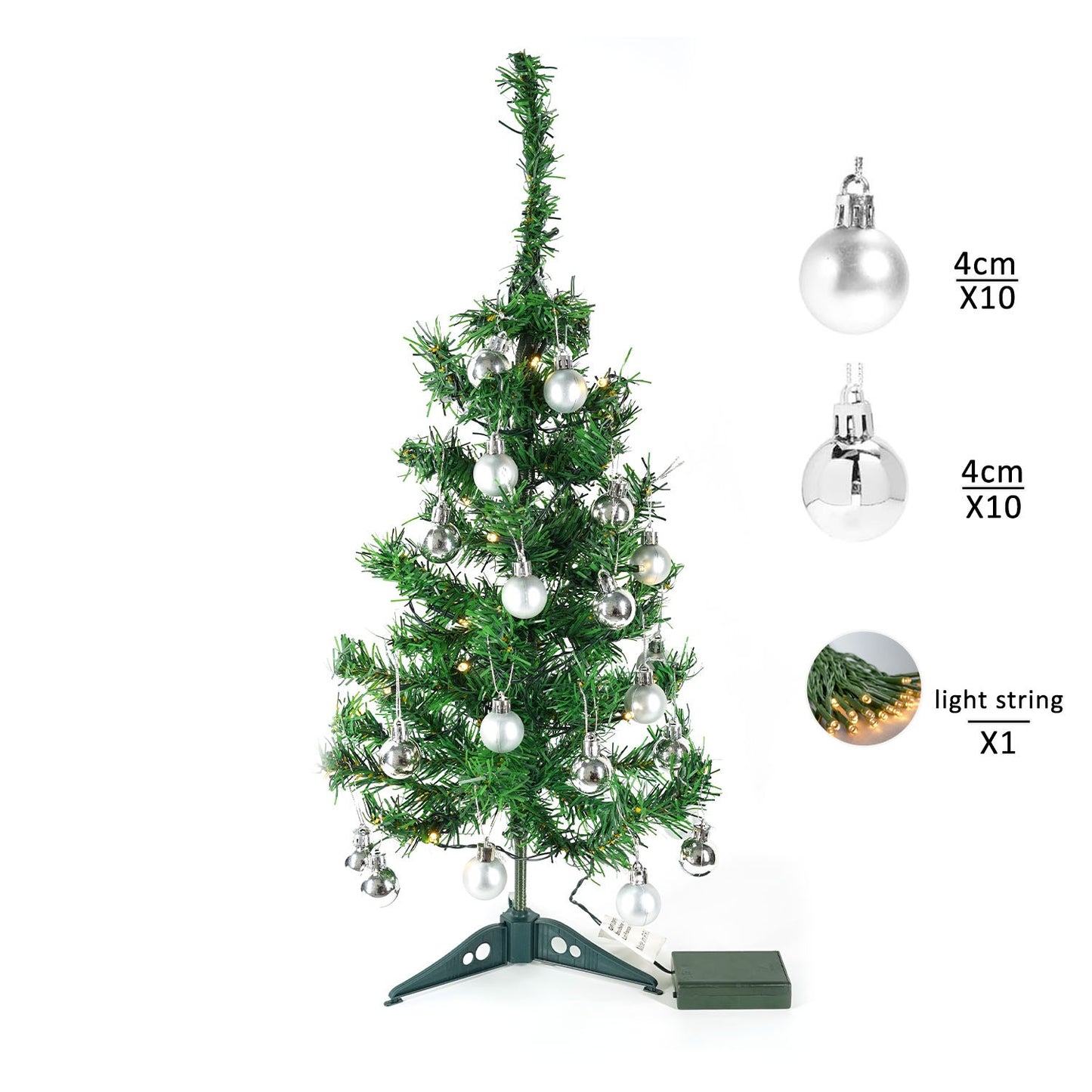 Pachet brad artificial impodobit 60 cm, (brad 60 cm , instalație 20 led +20 globuri argintii)