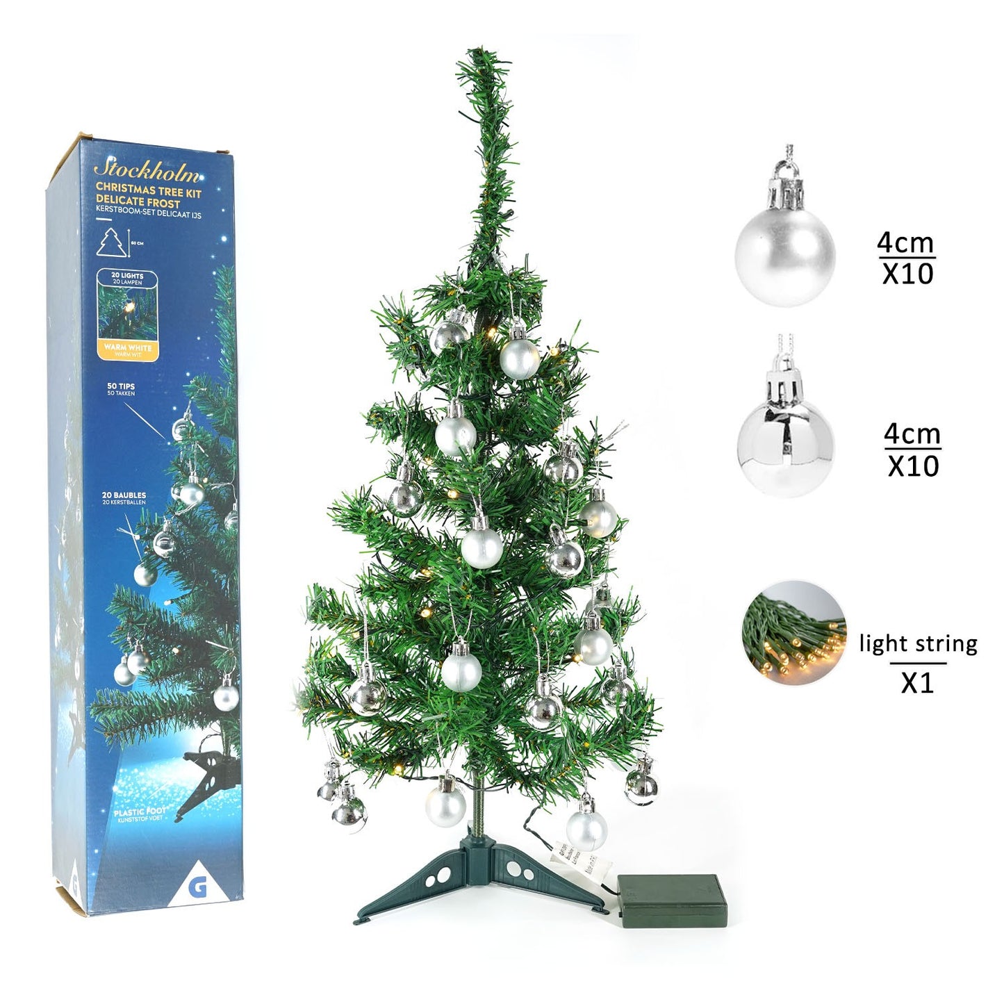 Pachet brad artificial impodobit 60 cm, (brad 60 cm , instalație 20 led +20 globuri argintii)
