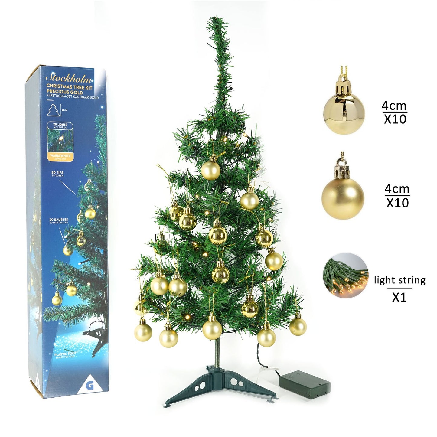 Pachet brad artificial impodobit 60 cm, (brad 60 cm , instalație 20 led +20 globuri aurii)
