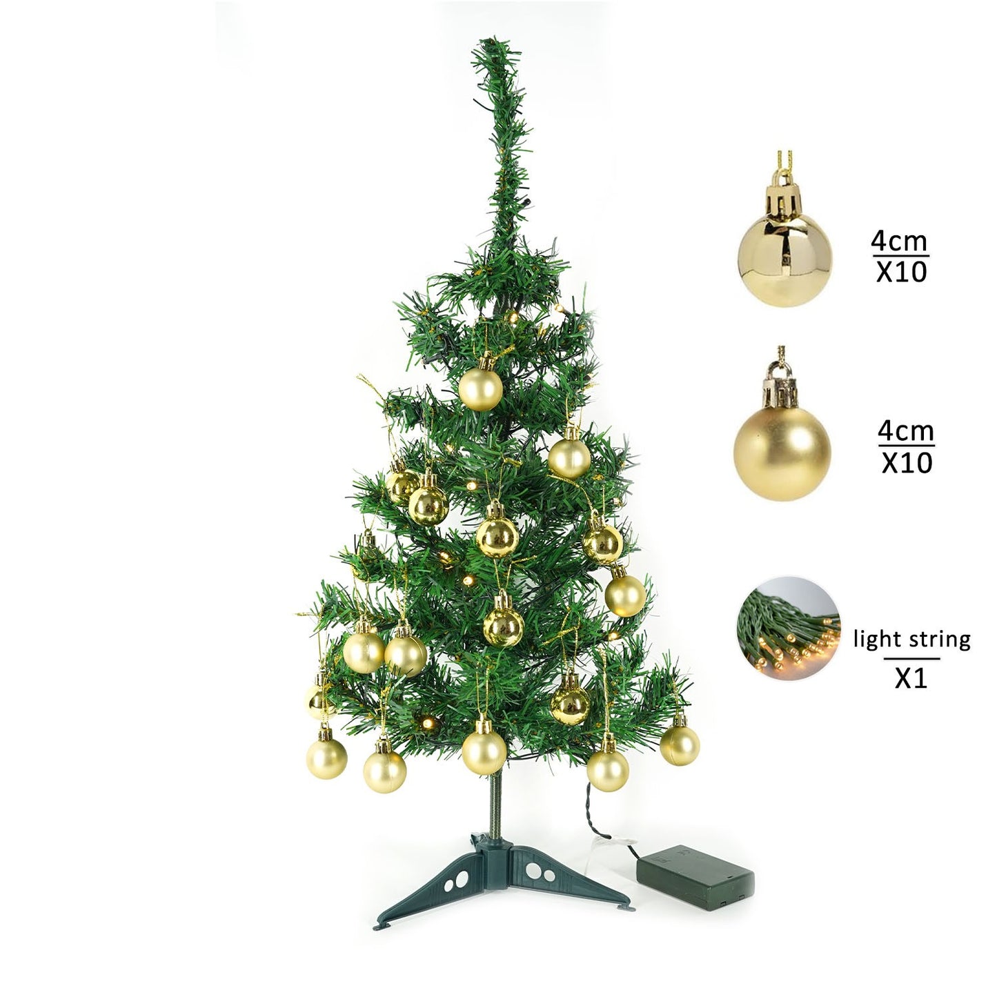 Pachet brad artificial impodobit 60 cm, (brad 60 cm , instalație 20 led +20 globuri aurii)