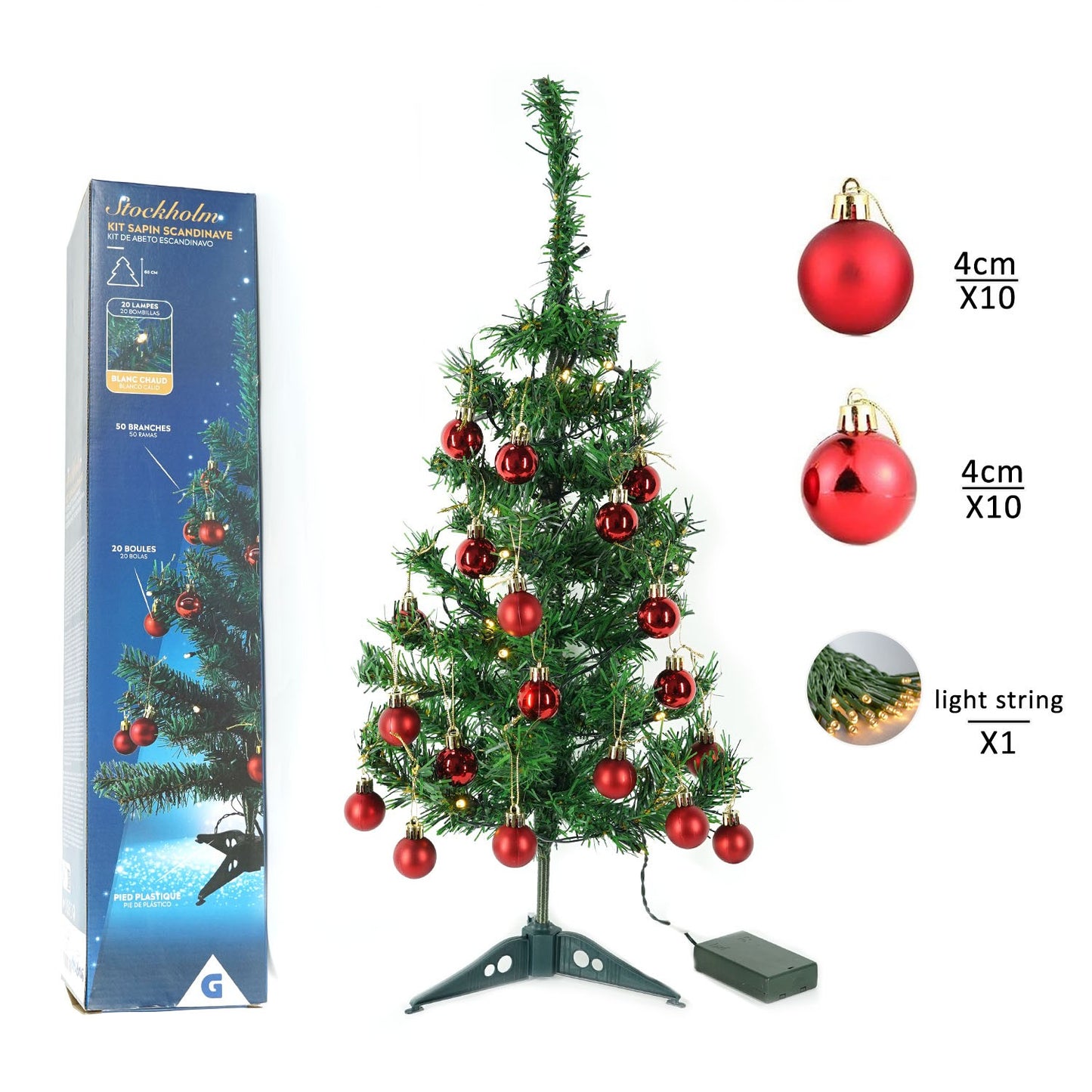 Pachet brad artificial impodobit 60 cm, (brad 60 cm , instalație 20 led +20 globuri roșii)