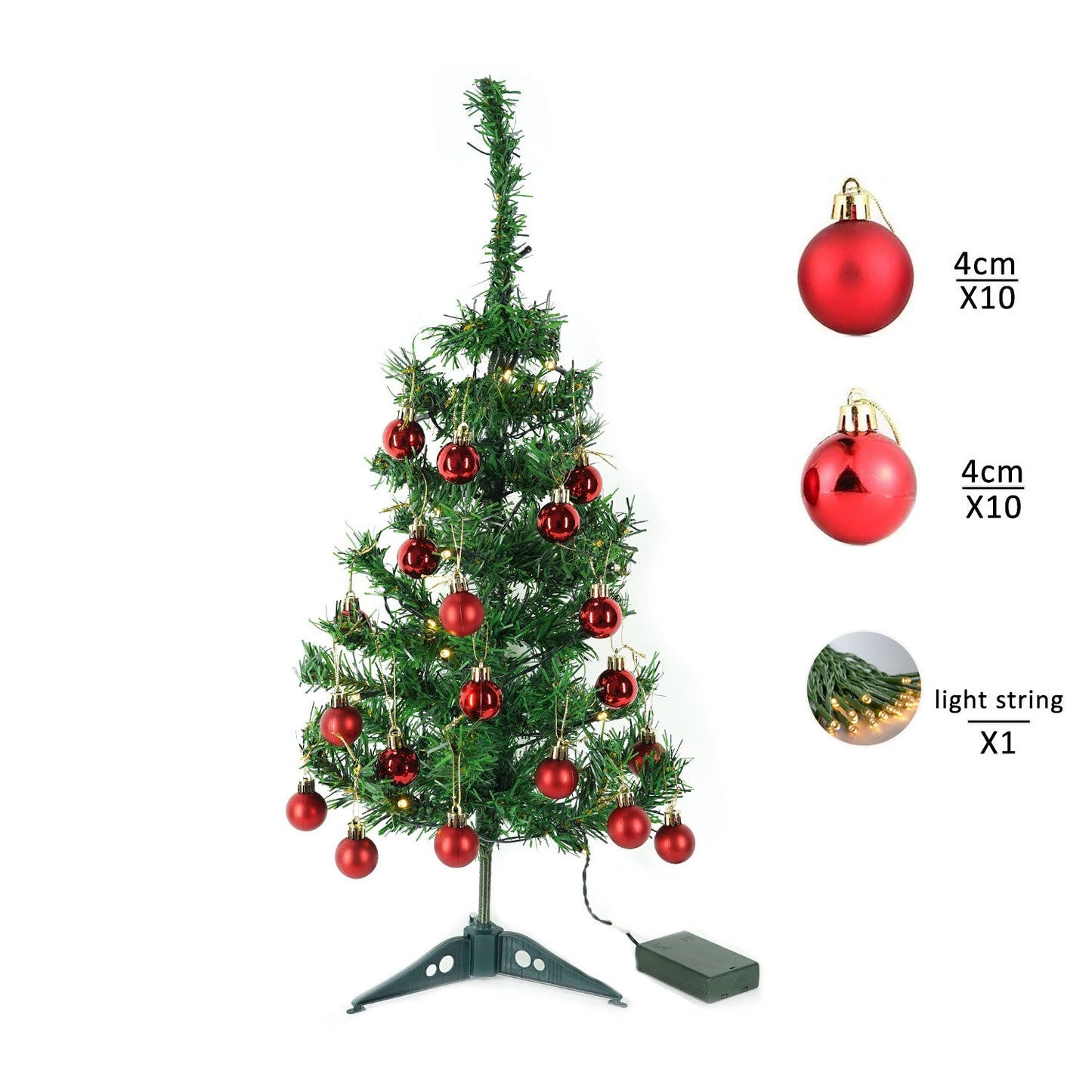 Pachet brad artificial impodobit 60 cm, (brad 60 cm , instalație 20 led +20 globuri roșii)
