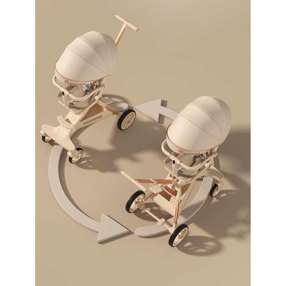 Cărucior sport 3in1, 6-36 luni , reversibil, pliabil, tăviță pentru masa, roti 360 si parasolar-Model Panda -Crem