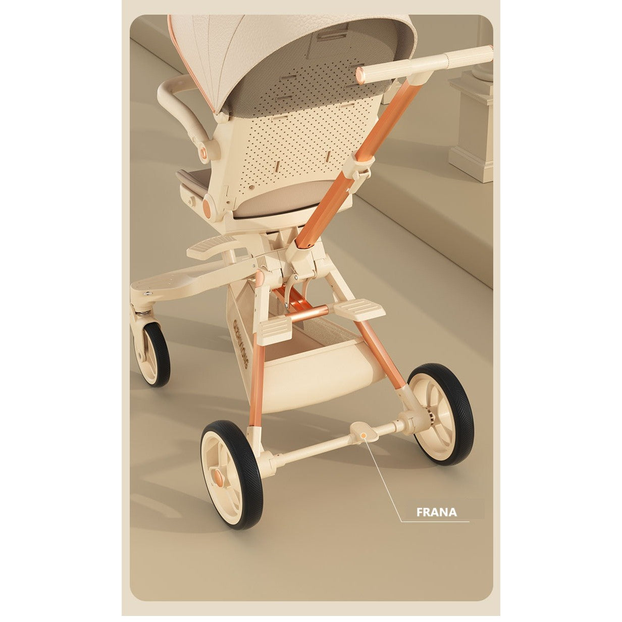 Cărucior sport 3in1, 6-36 luni , reversibil, pliabil, tăviță pentru masa, roti 360 si parasolar-Model Panda -Crem