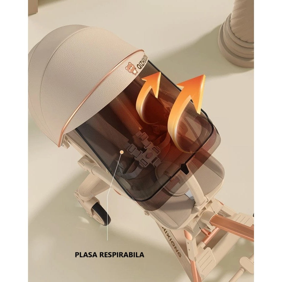 Cărucior sport 3in1, 6-36 luni , reversibil, pliabil, tăviță pentru masa, roti 360 si parasolar -Bej