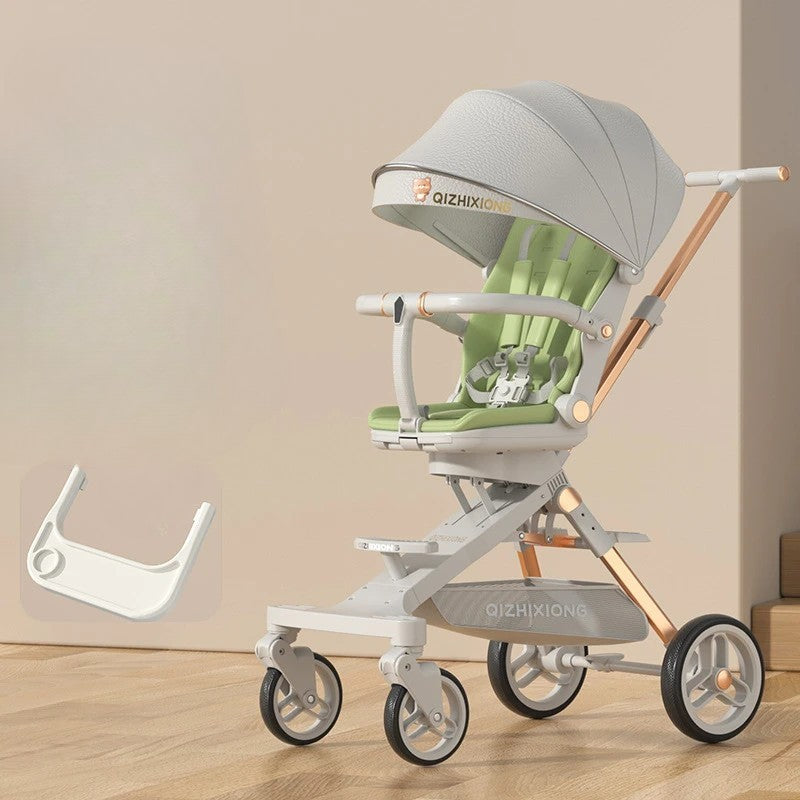 Cărucior sport 3in1, 6-36 luni , reversibil, pliabil, tăviță pentru masa, roti 360 si parasolar - Gri/Verde